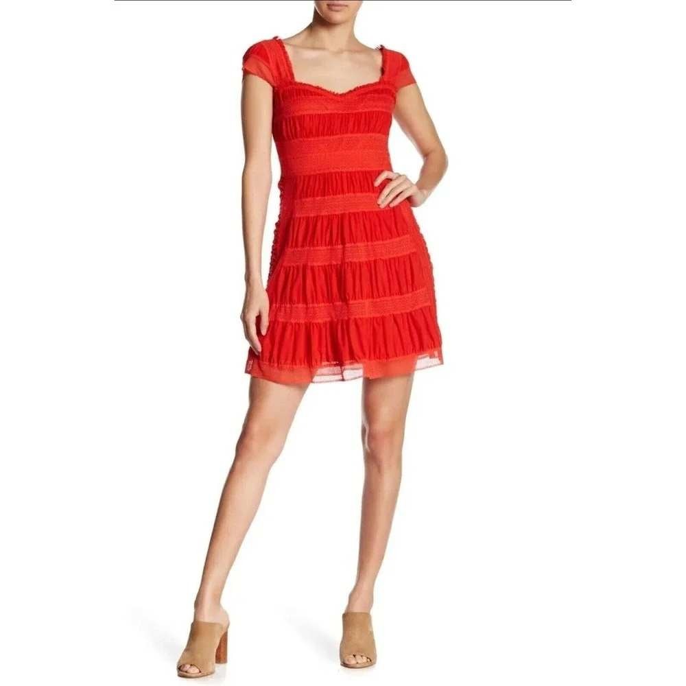 Free People Alicia Lace Mini Dress 10 Tomato Red Tiered Ruffle Stretch Boho Glam